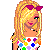 Pixel art buddy icon featuring a blonde woman with colorful polka dots on her top and hair accessory, holding a blue handbag, surrounded by scattered colored stars and text reading "Polka Dotted Blonde".