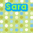 Pixelated icon with 'Sara' text in various styles over a patterned background of light green, blue, and white circles.