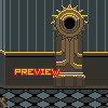 Pixel art image of a tall, ornate golden structure with circular patterns and spikes against vertical striped background.