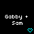 Pixelated text 'Gabby + Sam' appears above a cyan heart symbol on black background, with repeated and one gray rectangle in bottom-right corner