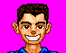 Pixelated character with brown hair and blue shirt against bright pink background, showing two expressions: one smiling with visible teeth, the other laughing with tongue out.