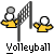 Animated contact sheet of a volleyball-themed buddy icon showing sequential frames of stick figures playing volleyball with a net and ball on a gray background.