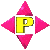 Yellow 'P' surrounded by pink diamond-shaped elements on gray background, with varying element positions across frames.