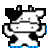 Pixelated cow icon with black and white patches, raised arms, and a smiling expression on gray background.