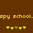 Brown background with yellow pixelated text 'spy school.spy school.' and two of five green plus signs each, one sign in each is brown