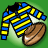 Pixelated icon of a rugby player in blue and yellow striped jersey holding brown oval ball against green background.