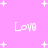 Pink background with white pixelated text 'Love' repeated four times and scattered white star shapes.