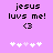 Pixelated text 'jesus luvs me!' and heart symbol on purple background with white plus signs below.