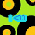 A pixelated image with a repeating pattern of black circles containing yellow-orange centers on a bright green background, overlaid with blue text elements.
