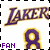 Pixelated graphic with 'LAKERS' text, a purple and gold ribbon symbol, and 'FAN' text in purple on white background with black border.