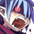Pixelated anime-style character with blue hair and red eye accessory holding a brown food item in a white dish, set against dark background with purple accents.