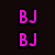 Pixelated icon with pink 'BJ' text on black background, a gray teddy bear with blue eyes holding a colorful ice cream cone, and a teddy bear in a blue-and-white striped hat with bubbles.