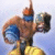 Pixelated figure with brown skin, blue eyes, and orange hair points upward while holding a large black object in one hand and a circular blue item in the other against a light blue background.