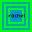 Four square display layered green and blue borders with the name 'rachel' in pixelated text, each showing a different border arrangement