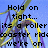 Pixelated text overlays a roller coaster track against a blue sky background, with partial text visible in four quadrants.