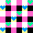 Pixelated of pink, white, black, yellow, green, and blue squares with heart shapes; large green-outlined text "HIM" on right