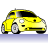 Pixelated yellow car with black roof and wheels, viewed from side on light purple ground strip against white background.