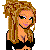 Pixel art of a woman with long blonde hair in black lingerie and high boots, standing next to a stylized 'B' logo.