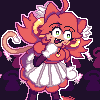 Pixel art character with orange hair, green eyes, and a white dress holding a microphone against dark purple background.