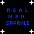 Blue pixelated text 'REAL MEN SPARKLE' on black background with white stars, two identical static frames shown side-by-side.