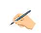 A hand holding a blue pen draws black curved lines on white backgrounds across six