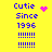 Yellow background with blue text reading "Cutie Since 1996" and six exclamation marks, accompanied by a pink heart or starburst animation.