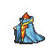 Pixel art character in blue cloak with yellow-orange accents, performing actions with floating circular and oval symbols against gray background.