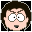 Pixelated cartoon face with brown hair, wide eyes, and open mouth in first frame; same face with narrowed eyes and closed mouth in second frame.