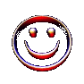 Animated 3D smiley face icon with red, blue, and gold metallic ring rotating through multiple angles while maintaining a fixed expression.