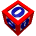 Red-framed white cubes with blue numerals '0' on each face, arranged in a against gray background