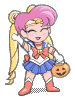 Pixelated character with pink hair in twin buns, blue skirt, red boots, and orange bow holding a pumpkin basket, waving with one hand.