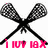 Two crossed lacrosse sticks with black shafts and gray mesh heads, pink accents on the bottom ends, and pink text below.