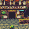 Pixel art scene of a medieval-style building with wooden beams, stone flooring, and greenery accents.