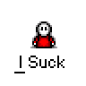 A 4x4 grid of pixelated animated frames showing a red-shirted stick figure with white face and black outline, each frame labeled "I Suck" below the icon against gray background.