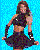 Pixelated image of a woman in a black crop top and skirt against a blue background, with two sequential poses showing arm movement.