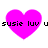 Two of bright pink heart shapes with black text 'susie luv ususie luv u' overlaid on each, displayed in a