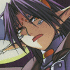 Anime-style character with purple hair and blue eyes in a of 12 showing sequential facial expressions and text variations