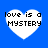 Four white heart-shaped icons with pixelated text "love is a MYSTERY" on solid blue background, each icon showing distinct pixelation patterns.