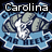 Pixelated map of North Carolina with 'Carolina' text above and 'Tar Heels' below, featuring blue water, gray landmasses, and white star symbols.