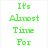 Green pixelated text reads 'It's Almost Time For' on white background, next to beach scene with red umbrella and brown chair.