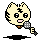 A 4-frame pixel art animation of a yellow cat-like mascot holding a microphone, with varying mouth expressions and black horizontal bars above each frame on a gray background.