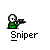 Pixelated character in green outfit holding rifle, with multiple animation states showing firing effects and head symbols.