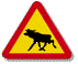 Six triangular warning signs with red borders and yellow backgrounds, each displaying a black silhouette of an animal in different walking poses.