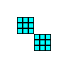 nine pixel art icons in cyan and black on white background, each with distinct geometric patterns including squares, spirals, and scattered dots