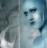 A blue-toned figure with dark eye makeup and a white garment appears in multiple , each showing slight variations in facial expression and text overlay