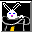 Pixelated white rabbit with blue eyes and pink mouth, wearing black robe over yellow garment, performing animated sequence against black background.