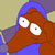 Pixelated cartoon character with large white eyes, brown face, blue hair, and blue clothing against a beige and purple background.