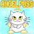 Pixelated white cat with yellow eyes and pink nose, wearing golden halo and cross necklace on light blue background.