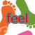 four footprints in orange, green, and pink with red text overlays reading 'feel', 'ma', and 'feet' on a white background