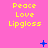 Yellow text reading Peace Love Lipgloss on pink background with blue pixelated symbols scattered across the image.